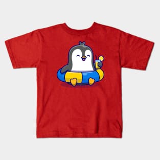 Cute Penguin With Swimming Tires And Orange Juice Cartoon Kids T-Shirt